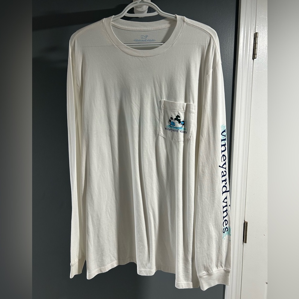 Vineyard Vines White Long Sleeve Tee with Blue Logo